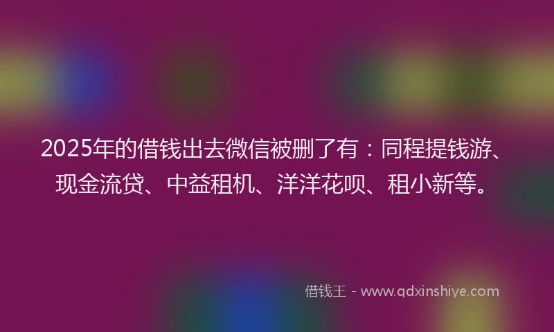2025年的借钱出去微信被删了有：同程提钱游、现金流贷、中益租机、洋洋花呗、租小新等。