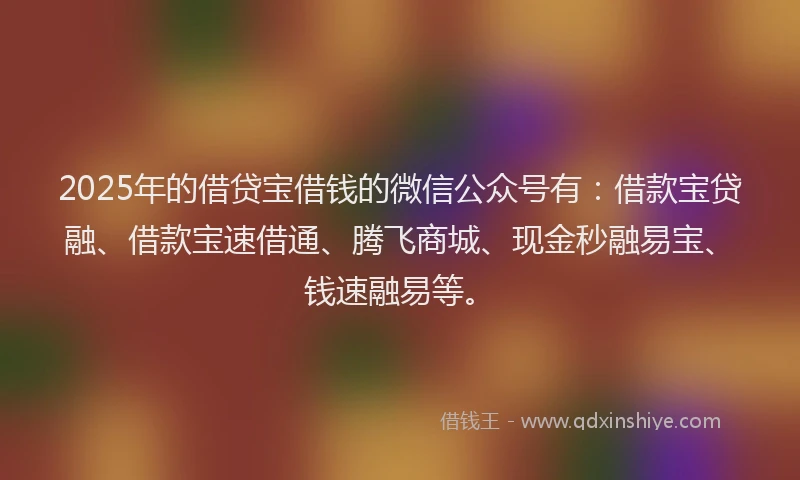 2025年的借贷宝借钱的微信公众号有：借款宝贷融、借款宝速借通、腾飞商城、现金秒融易宝、钱速融易等。