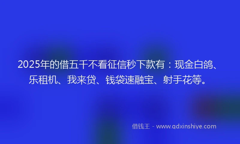 2025年的借五千不看征信秒下款有：现金白鸽、乐租机、我来贷、钱袋速融宝、射手花等。