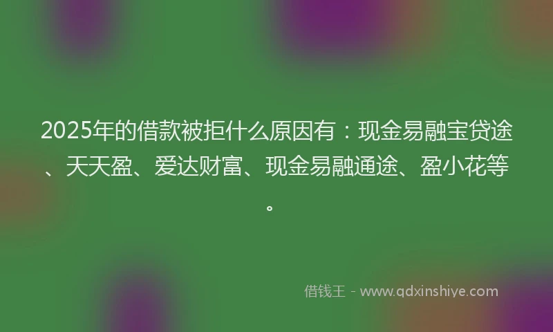 2025年的借款被拒什么原因有：现金易融宝贷途、天天盈、爱达财富、现金易融通途、盈小花等。