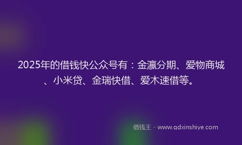 2025年的借钱快公众号有：金瀛分期、爱物商城、小米贷、金瑞快借、爱木速借等。