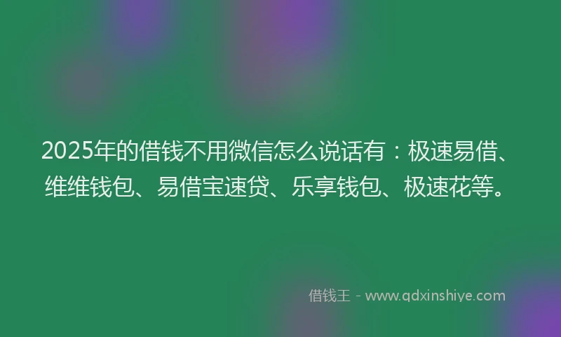 2025年的借钱不用微信怎么说话有：极速易借、维维钱包、易借宝速贷、乐享钱包、极速花等。