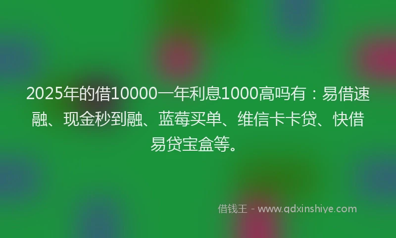 2025年的借10000一年利息1000高吗有：易借速融、现金秒到融、蓝莓买单、维信卡卡贷、快借易贷宝盒等。