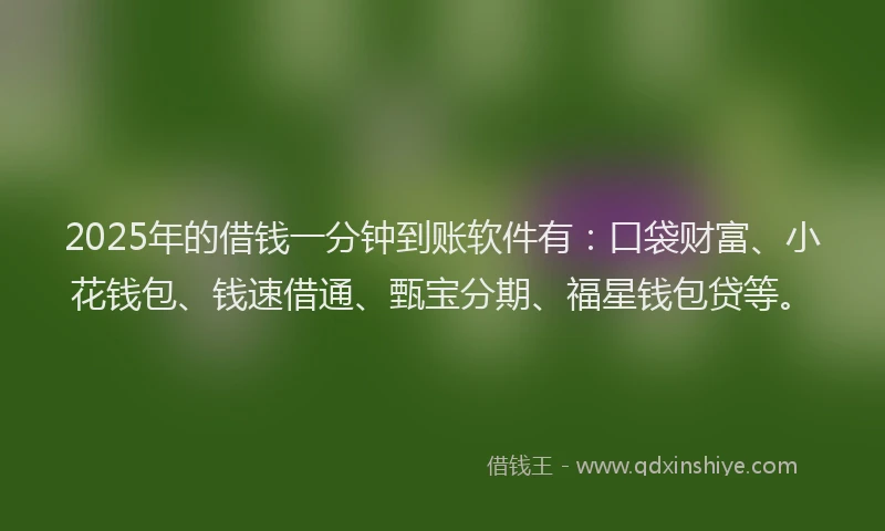 2025年的借钱一分钟到账软件有：口袋财富、小花钱包、钱速借通、甄宝分期、福星钱包贷等。