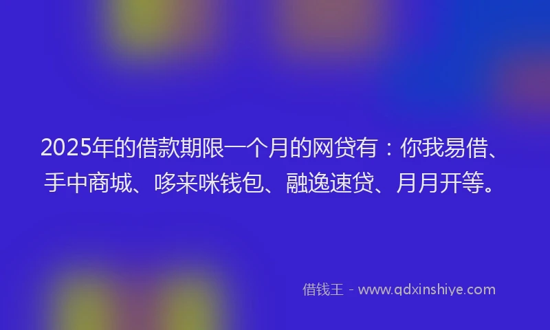 2025年的借款期限一个月的网贷有:你我易借、手中商城、哆来咪钱包、融逸速贷、月月开等。