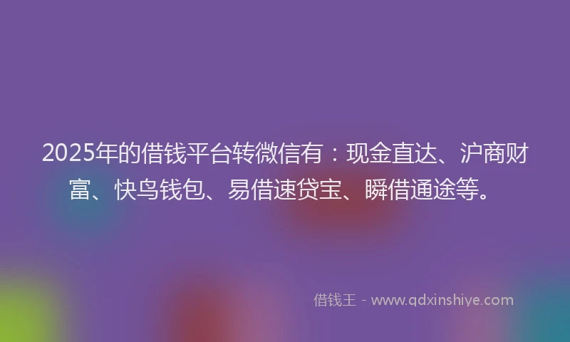 2025年的借钱平台转微信有：现金直达、沪商财富、快鸟钱包、易借速贷宝、瞬借通途等。
