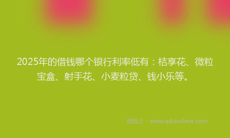 2025年的借钱哪个银行利率低有：桔享花、微粒宝盒、射手花、小麦粒贷、钱小乐等。