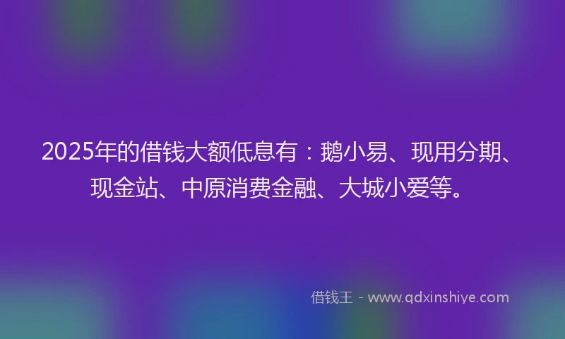 2025年的借钱大额低息有：鹅小易、现用分期、现金站、中原消费金融、大城小爱等。