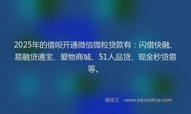 2025年的借呗开通微信微粒贷款有：闪借快融、易融贷通宝、爱物商城、51人品贷、现金秒贷易等。