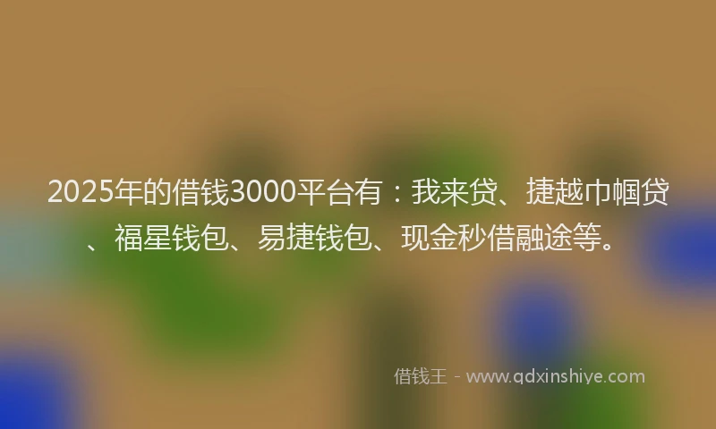 2025年的借钱3000平台有：我来贷、捷越巾帼贷、福星钱包、易捷钱包、现金秒借融途等。