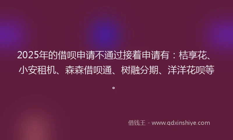 2025年的借呗申请不通过接着申请有：桔享花、小安租机、森森借呗通、树融分期、洋洋花呗等。