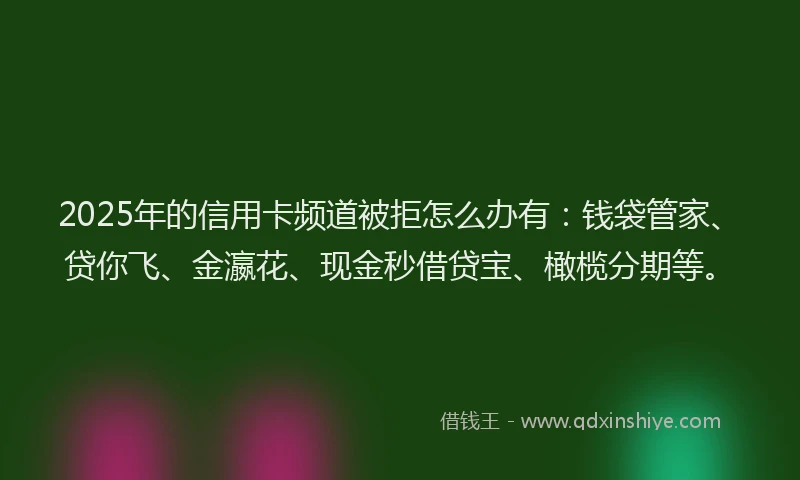 2025年的信用卡频道被拒怎么办有：钱袋管家、贷你飞、金瀛花、现金秒借贷宝、橄榄分期等。
