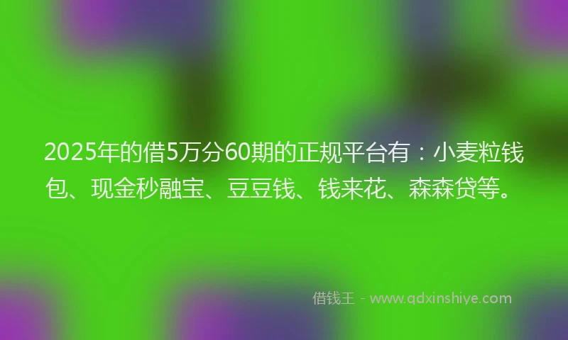 2025年的借5万分60期的正规平台有：小麦粒钱包、现金秒融宝、豆豆钱、钱来花、森森贷等。