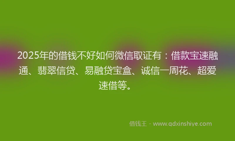 2025年的借钱不好如何微信取证有：借款宝速融通、翡翠信贷、易融贷宝盒、诚信一周花、超爱速借等。