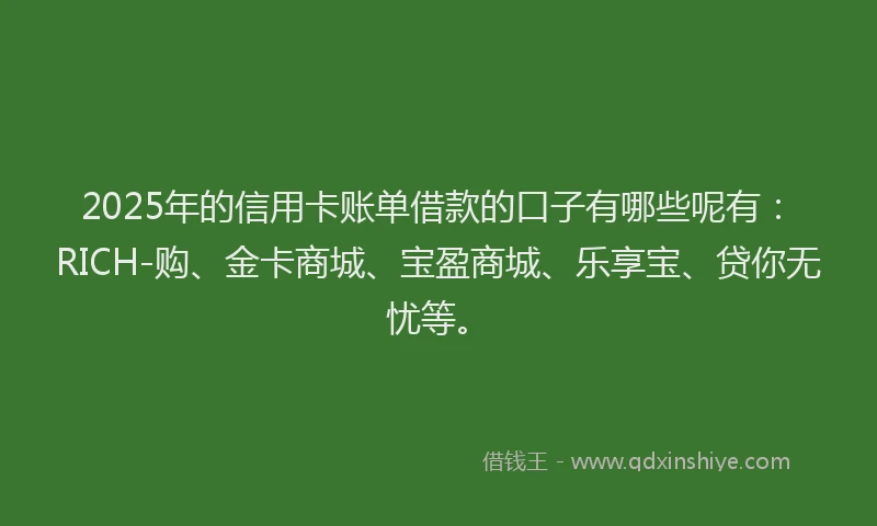 2025年的信用卡账单借款的口子有哪些呢有:RICH-购、金卡商城、宝盈商城、乐享宝、贷你无忧等。
