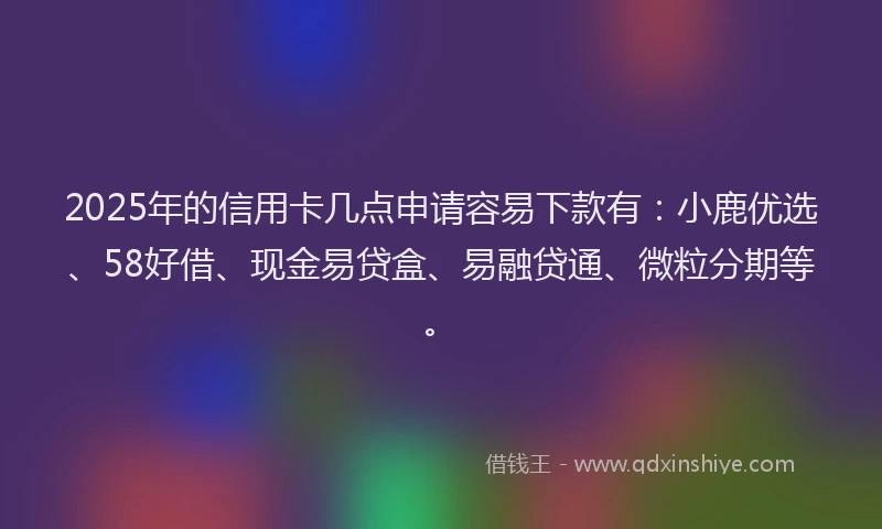 2025年的信用卡几点申请容易下款有：小鹿优选、58好借、现金易贷盒、易融贷通、微粒分期等。