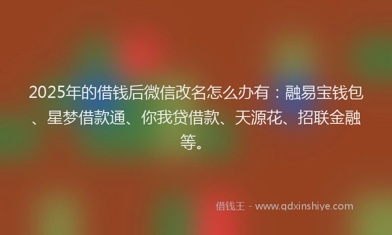 2025年的借钱后微信改名怎么办有：融易宝钱包、星梦借款通、你我贷借款、天源花、招联金融等。