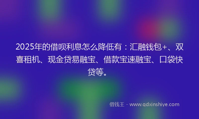 2025年的借呗利息怎么降低有：汇融钱包+、双喜租机、现金贷易融宝、借款宝速融宝、口袋快贷等。