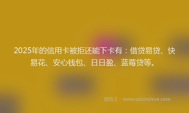 2025年的信用卡被拒还能下卡有：借贷易贷、快易花、安心钱包、日日盈、蓝莓贷等。