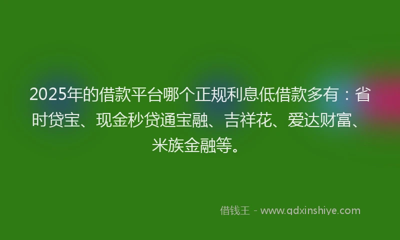 2025年的借款平台哪个正规利息低借款多有：省时贷宝、现金秒贷通宝融、吉祥花、爱达财富、米族金融等。