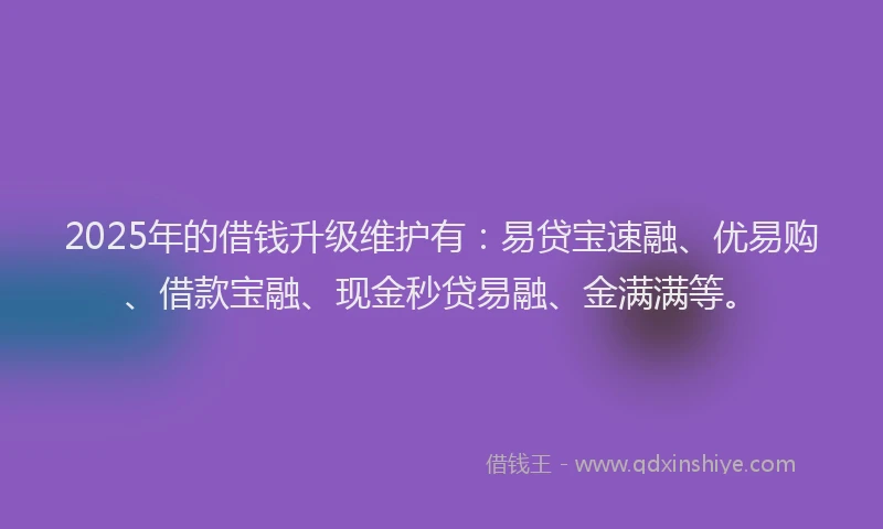 2025年的借钱升级维护有：易贷宝速融、优易购、借款宝融、现金秒贷易融、金满满等。