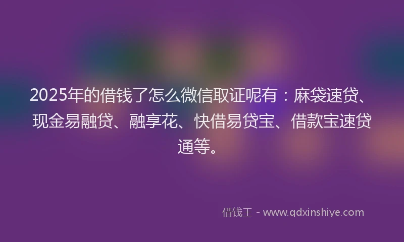 2025年的借钱了怎么微信取证呢有:麻袋速贷、现金易融贷、融享花、快借易贷宝、借款宝速贷通等。