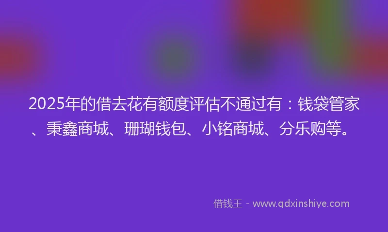 2025年的借去花有额度评估不通过有：钱袋管家、秉鑫商城、珊瑚钱包、小铭商城、分乐购等。