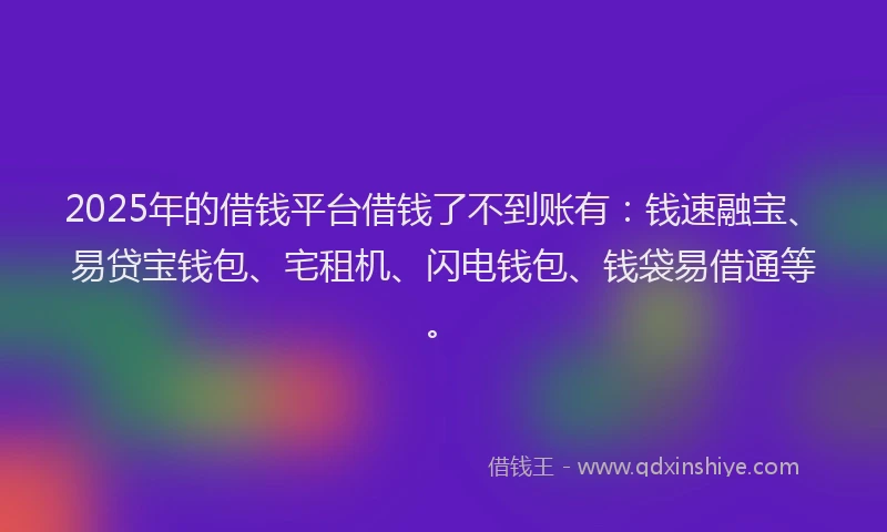 2025年的借钱平台借钱了不到账有：钱速融宝、易贷宝钱包、宅租机、闪电钱包、钱袋易借通等。