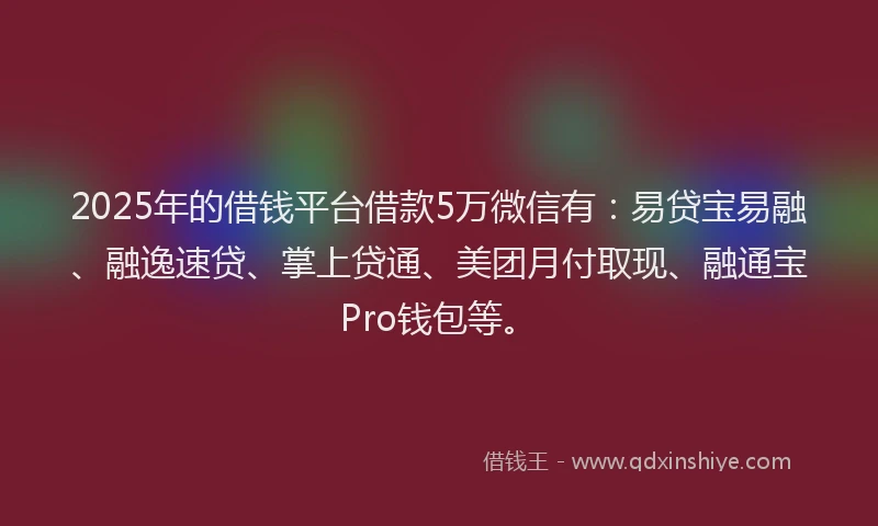 2025年的借钱平台借款5万微信有：易贷宝易融、融逸速贷、掌上贷通、美团月付取现、融通宝Pro钱包等。