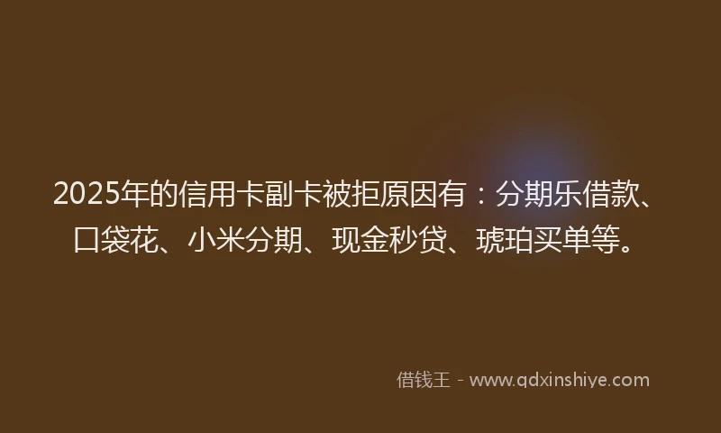 2025年的信用卡副卡被拒原因有：分期乐借款、口袋花、小米分期、现金秒贷、琥珀买单等。