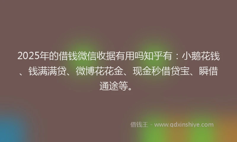 2025年的借钱微信收据有用吗知乎有：小鹅花钱、钱满满贷、微博花花金、现金秒借贷宝、瞬借通途等。