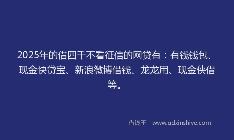 2025年的借四千不看征信的网贷有:有钱钱包、现金快贷宝、新浪微博借钱、龙龙用、现金侠借等。