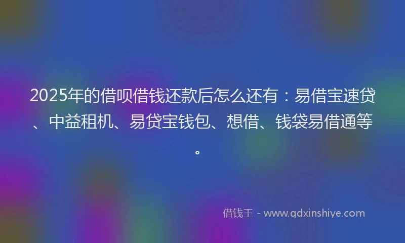 2025年的借呗借钱还款后怎么还有：易借宝速贷、中益租机、易贷宝钱包、想借、钱袋易借通等。