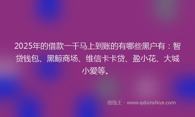 2025年的借款一千马上到账的有哪些黑户有：智贷钱包、黑鲸商场、维信卡卡贷、盈小花、大城小爱等。