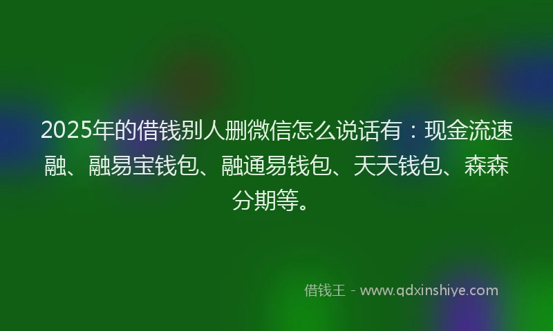 2025年的借钱别人删微信怎么说话有：现金流速融、融易宝钱包、融通易钱包、天天钱包、森森分期等。