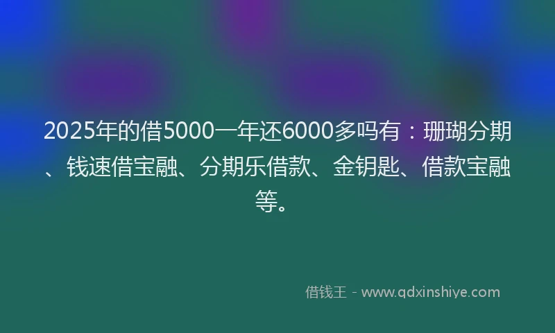 2025年的借5000一年还6000多吗有：珊瑚分期、钱速借宝融、分期乐借款、金钥匙、借款宝融等。
