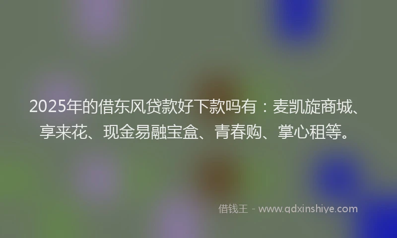 2025年的借东风贷款好下款吗有：麦凯旋商城、享来花、现金易融宝盒、青春购、掌心租等。