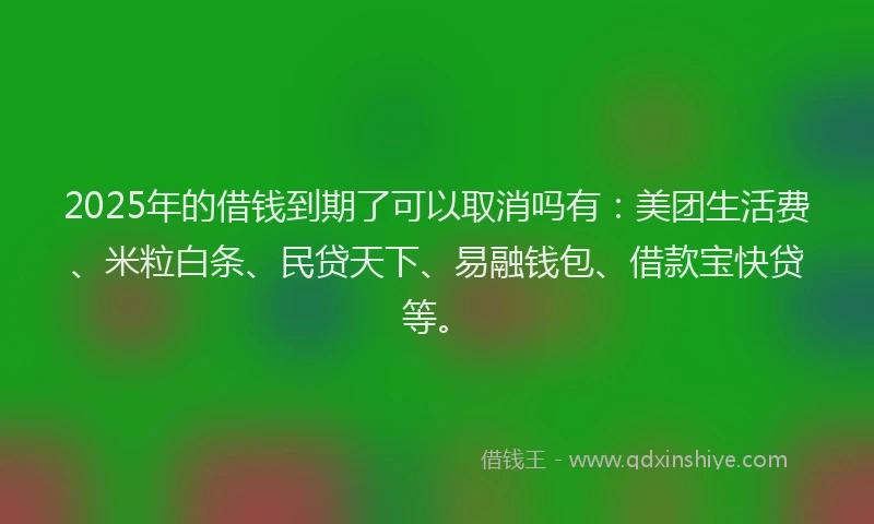 2025年的借钱到期了可以取消吗有：美团生活费、米粒白条、民贷天下、易融钱包、借款宝快贷等。