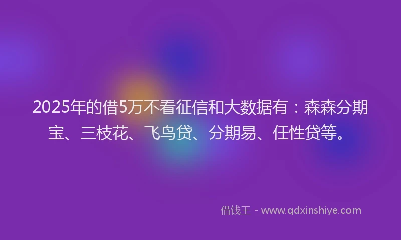 2025年的借5万不看征信和大数据有：森森分期宝、三枝花、飞鸟贷、分期易、任性贷等。