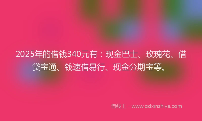 2025年的借钱340元有：现金巴士、玫瑰花、借贷宝通、钱速借易行、现金分期宝等。