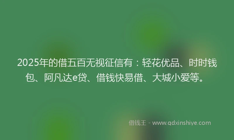 2025年的借五百无视征信有：轻花优品、时时钱包、阿凡达e贷、借钱快易借、大城小爱等。