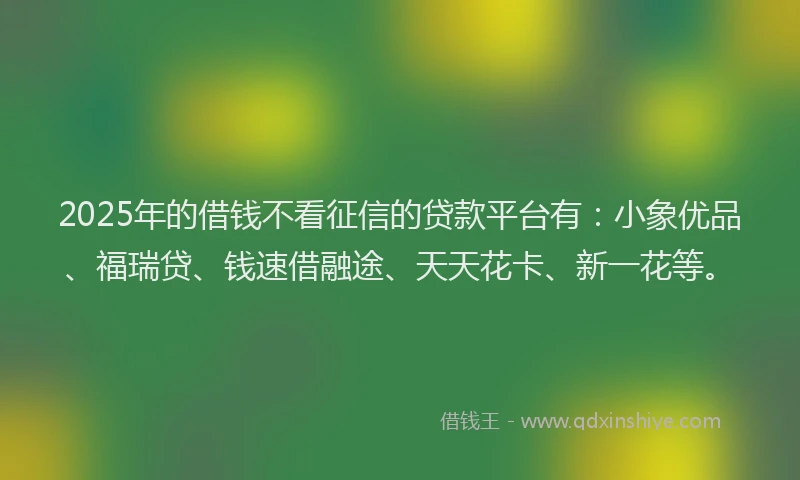 2025年的借钱不看征信的贷款平台有：小象优品、福瑞贷、钱速借融途、天天花卡、新一花等。