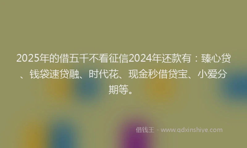 2025年的借五千不看征信2024年还款有：臻心贷、钱袋速贷融、时代花、现金秒借贷宝、小爱分期等。
