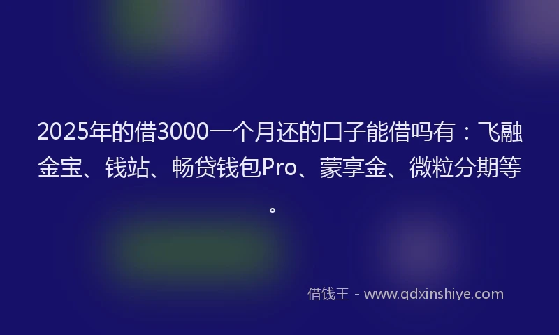2025年的借3000一个月还的口子能借吗有：飞融金宝、钱站、畅贷钱包Pro、蒙享金、微粒分期等。