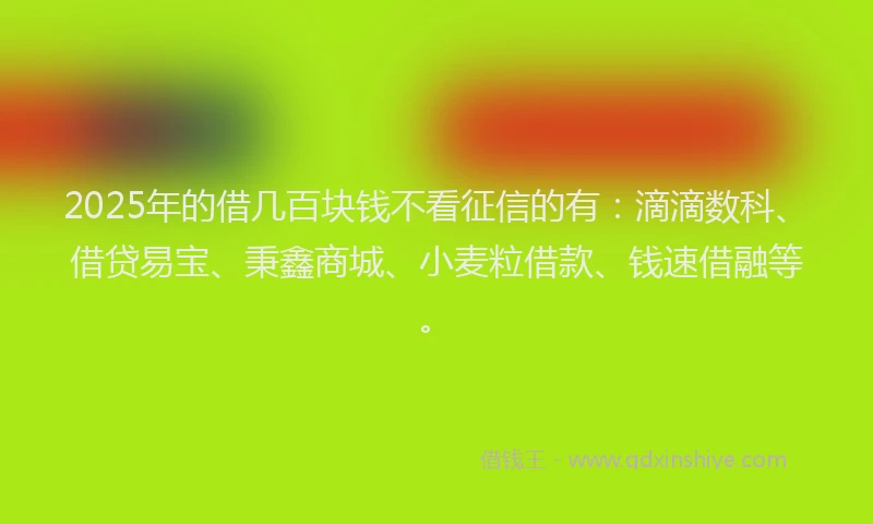 2025年的借几百块钱不看征信的有：滴滴数科、借贷易宝、秉鑫商城、小麦粒借款、钱速借融等。