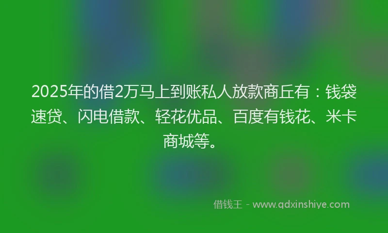 2025年的借2万马上到账私人放款商丘有：钱袋速贷、闪电借款、轻花优品、百度有钱花、米卡商城等。
