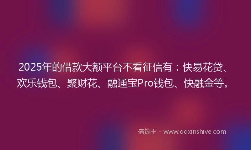 2025年的借款大额平台不看征信有：快易花贷、欢乐钱包、聚财花、融通宝Pro钱包、快融金等。