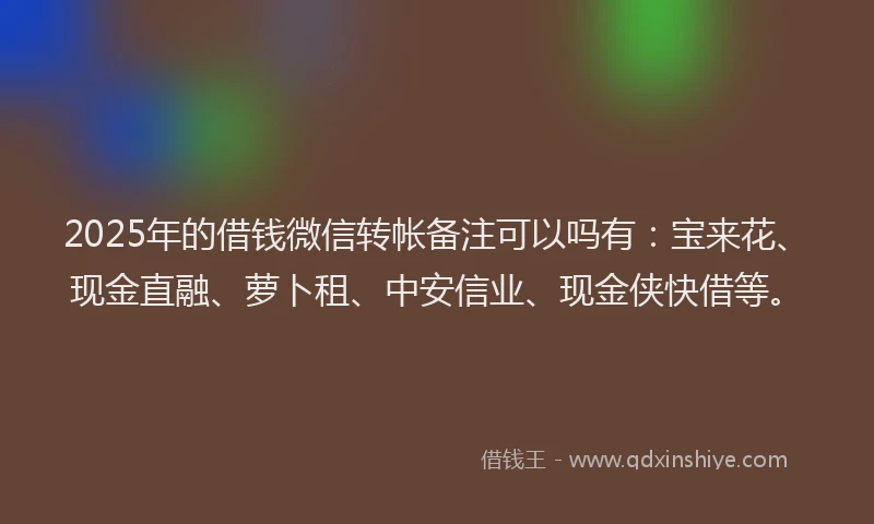 2025年的借钱微信转帐备注可以吗有：宝来花、现金直融、萝卜租、中安信业、现金侠快借等。