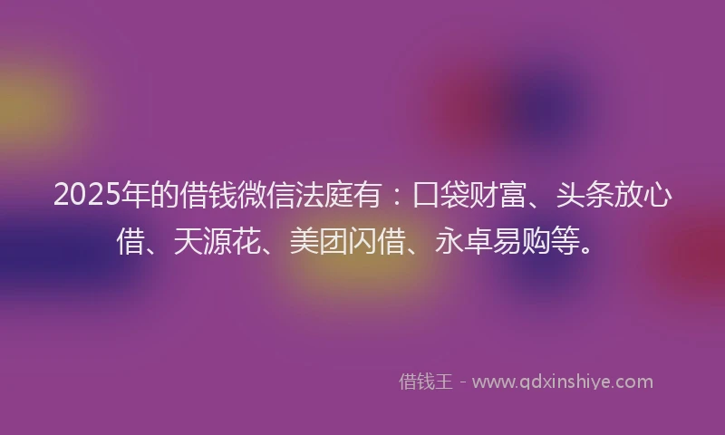 2025年的借钱微信法庭有：口袋财富、头条放心借、天源花、美团闪借、永卓易购等。