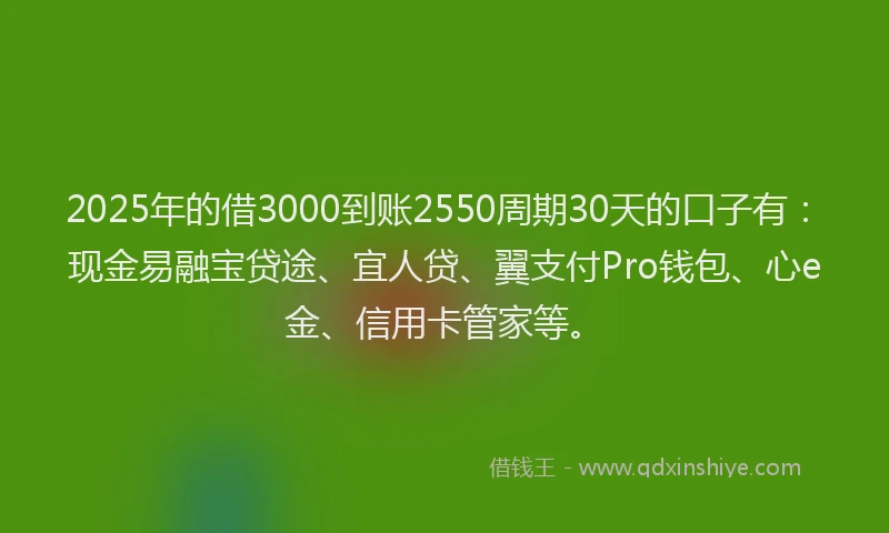 2025年的借3000到账2550周期30天的口子有：现金易融宝贷途、宜人贷、翼支付Pro钱包、心e金、信用卡管家等。